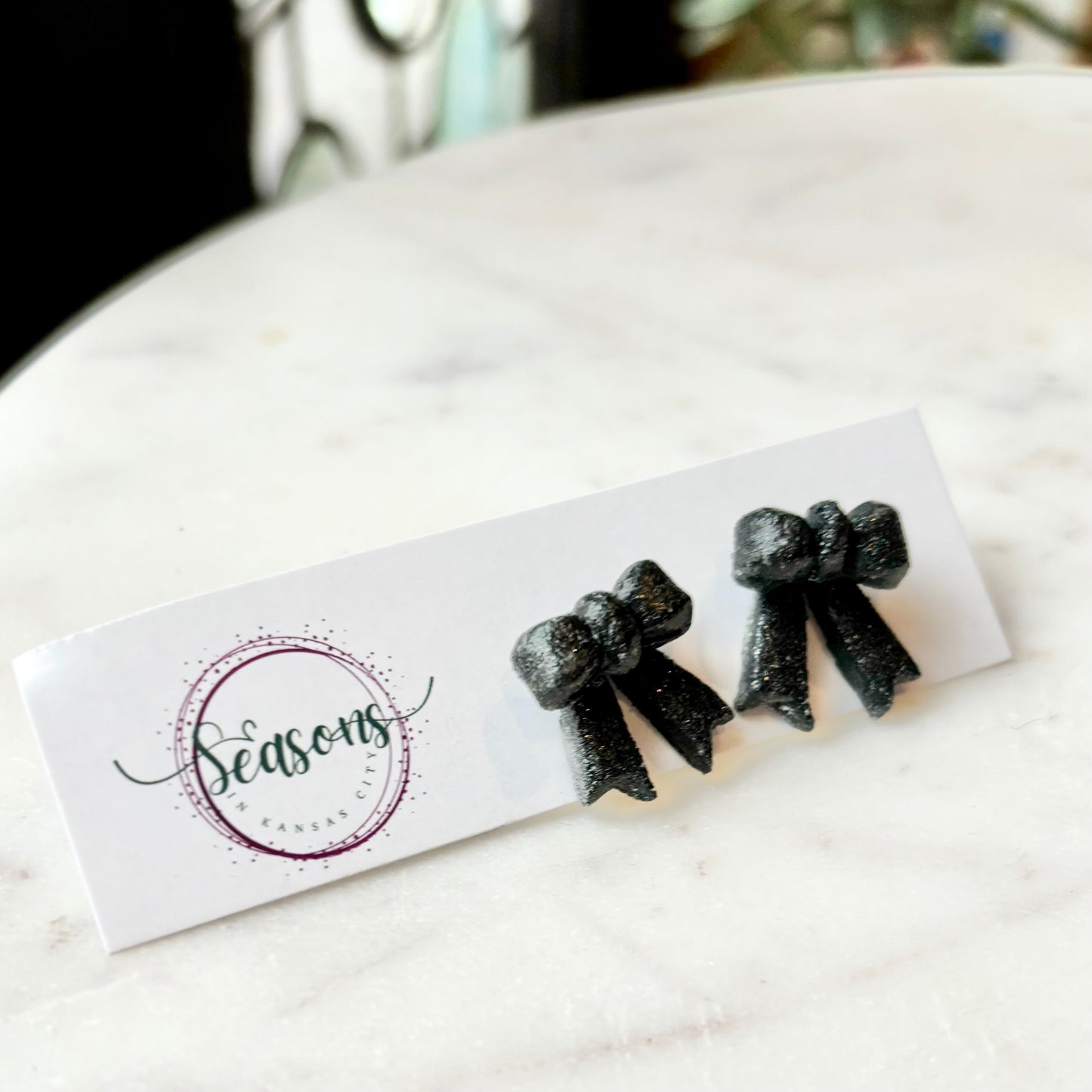 Bow Studs | Black Glitter | Winter