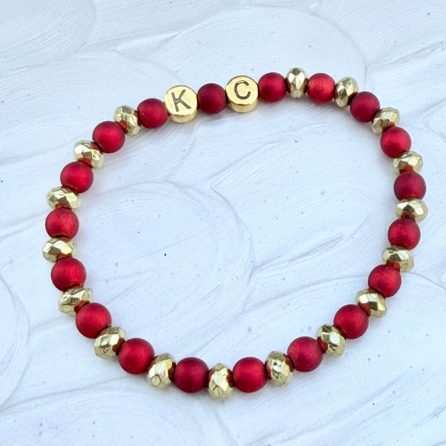 KC Football Bracelets | Dark Red Faceted Gold KC
